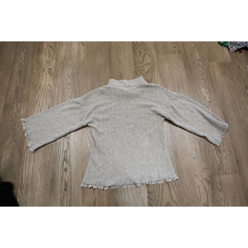 Cousin Earl Textured Fringe Knit Top Size L Oatmeal Boho 3/4 Sleeve Sweater